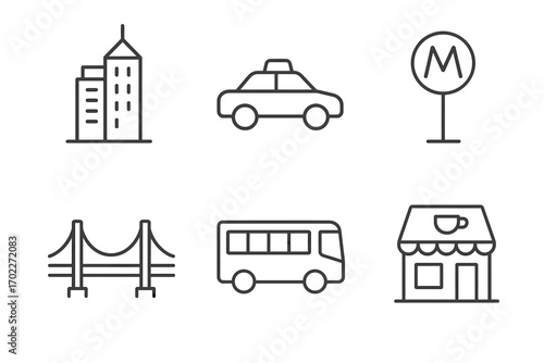 Urban transport icons: metro, bus, taxi, city buildings, bridge, cafe