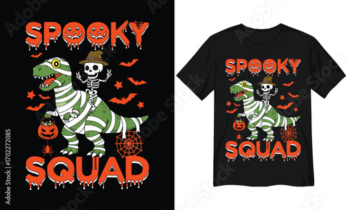 Spooky Squad Halloween Skeleton Riding Dinosaur Illustration