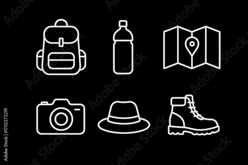 Essential travel gear: backpack, water bottle, map, camera, hat, boots icon set