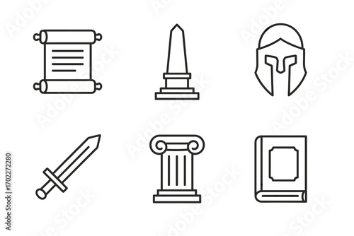 Ancient symbols: scroll, obelisk, helmet, sword, column, book outlines