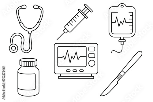 Medical equipment line icons: stethoscope, syringe, monitor, iv drip, scalpel, pill bottle