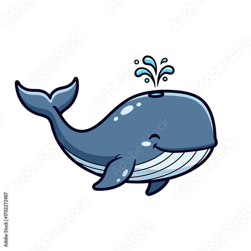 Cartoon Blue Whale with Water Spout, Friendly Ocean Mammal Illustration