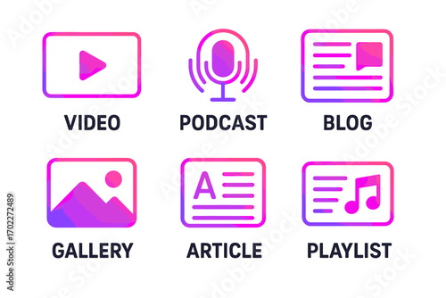 Multimedia content icons: video, podcast, blog, gallery, article, playlist