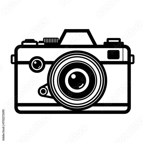 Vintage camera icon in black and white line art style. Simple retro photography symbol for graphic design