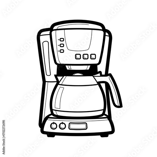 Black and white vector line art illustration of a classic drip coffee maker with a glass carafe, isolated on a white background for home brewing concepts