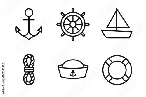 Nautical symbols: anchor, helm, sailboat, rope, captain's hat, lifebuoy