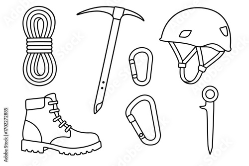 Outline of essential mountaineering equipment: rope, ice axe, helmet, boots, carabiners
