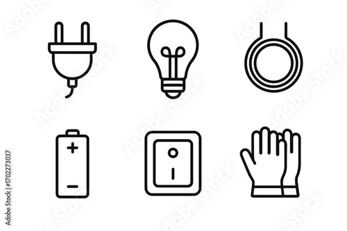 Simple line art icons of plug light bulb battery switch wire gloves