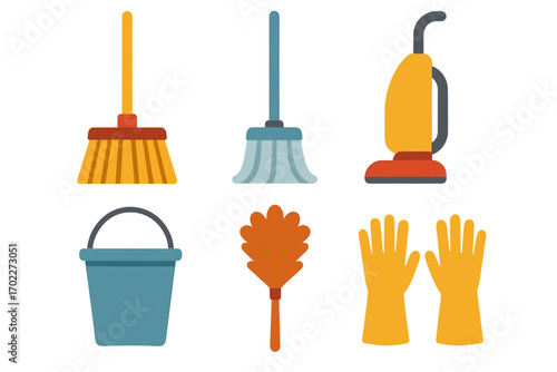 Cleaning tools set: broom, mop, vacuum, bucket, duster, gloves illustration