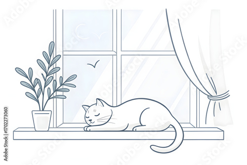 Minimalist Single Line Drawing of Cat on Windowsill
