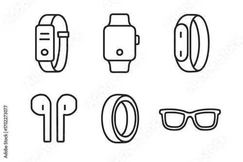 Minimalist smart gadgets: watches, earbuds, rings, glasses - sleek technology collection