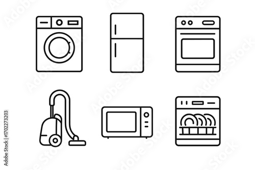 Set of essential household appliances in minimalist line art style