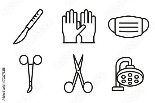Surgical tools and equipment: scalpel, gloves, mask, forceps, scissors, light