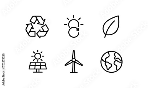 Eco-friendly icons: recycling, renewable energy, and sustainability symbols