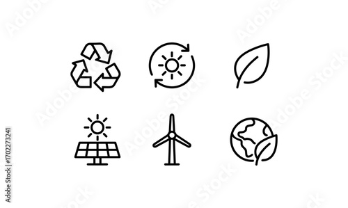 Eco-friendly icons: renewable energy and sustainability symbols in linear style