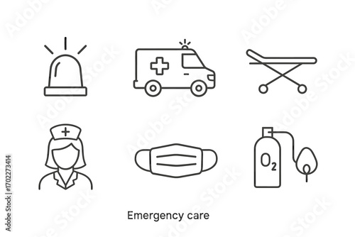 Emergency care icons: ambulance, nurse, mask, oxygen, stretcher, siren