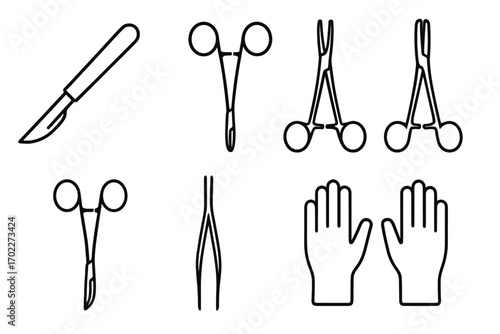Medical instruments: scalpel, surgical scissors, forceps, gloves - essential tools for surgery