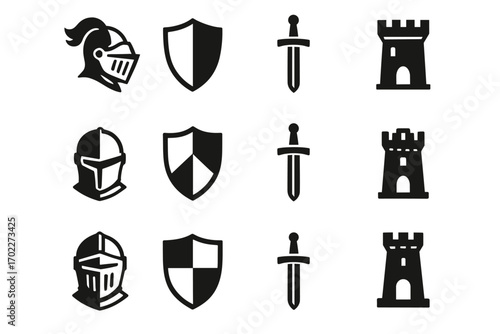 Medieval icon set: knights, shields, swords, and towers in black and white