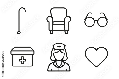 Healthcare and elderly care icons: cane, armchair, glasses, medical box, nurse, heart