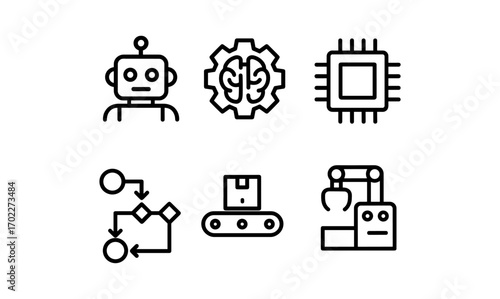 Ai and robotics line icons set: automation and technology essentials
