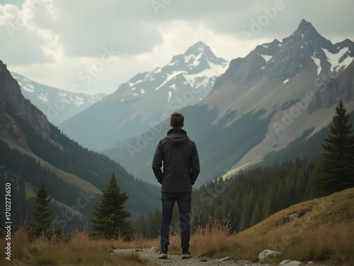 Corporate leader discovering personal mission statement in solitude retreat, in the mountains