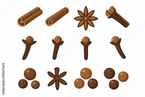 Illustration of cinnamon sticks, star anise, cloves, and allspice on white background