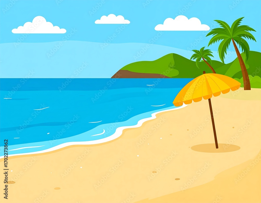 Fototapeta premium Tropical beach scene with a yellow umbrella