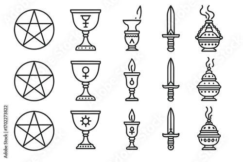 Magic symbols: pentagrams, chalices, swords, and incense line art