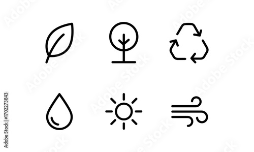 Minimalist eco-friendly icons: nature, recycling, and energy symbols in line art