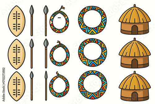 Traditional african artifacts collection with shields, spears, necklaces, and huts