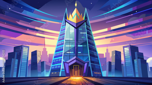 Modern skyscraper tower with reflective glass facades, angular balconies, and illuminated crown, rising dramatically against the evening sky, symbolizing innovation, ambition, and metropolitan power.