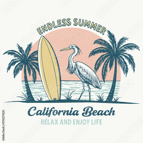 vintage retro summer graphics. endless summer in california beach. sunset for endless summer vibes graphics. adventure surfing beach paradise. summer t-shirt design. vintage graphic tee