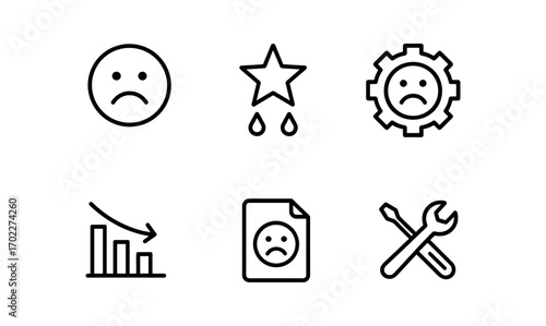 Minimalistic icon set depicting sadness and decline in business and technology