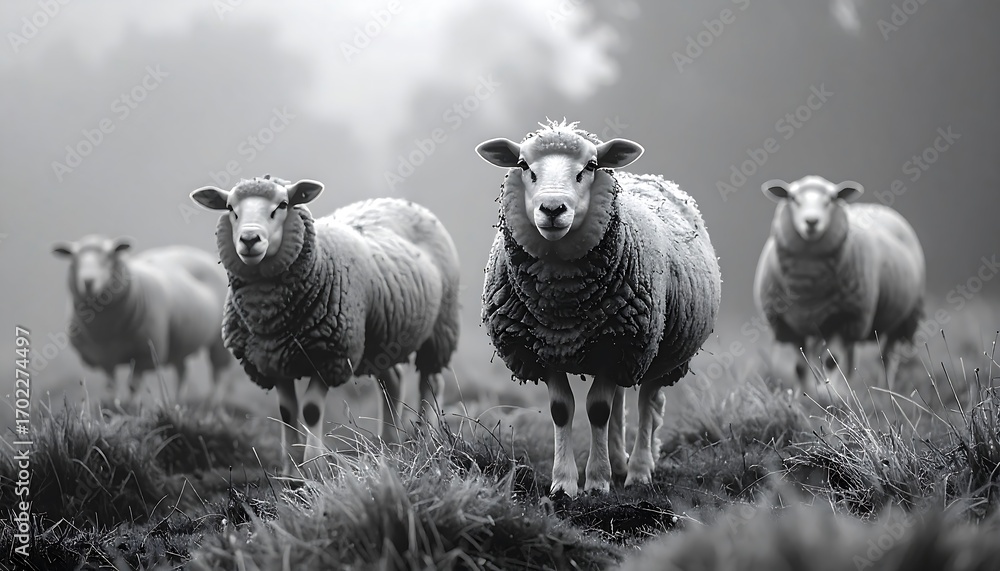 Fototapeta premium Black and white sheep in a field
