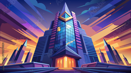 Modern skyscraper tower with reflective glass facades, angular balconies, and illuminated crown, rising dramatically against the evening sky, symbolizing innovation, ambition, and metropolitan power.