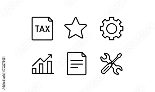 Minimalist icon set featuring tax, star, gear, graph, document, and tools