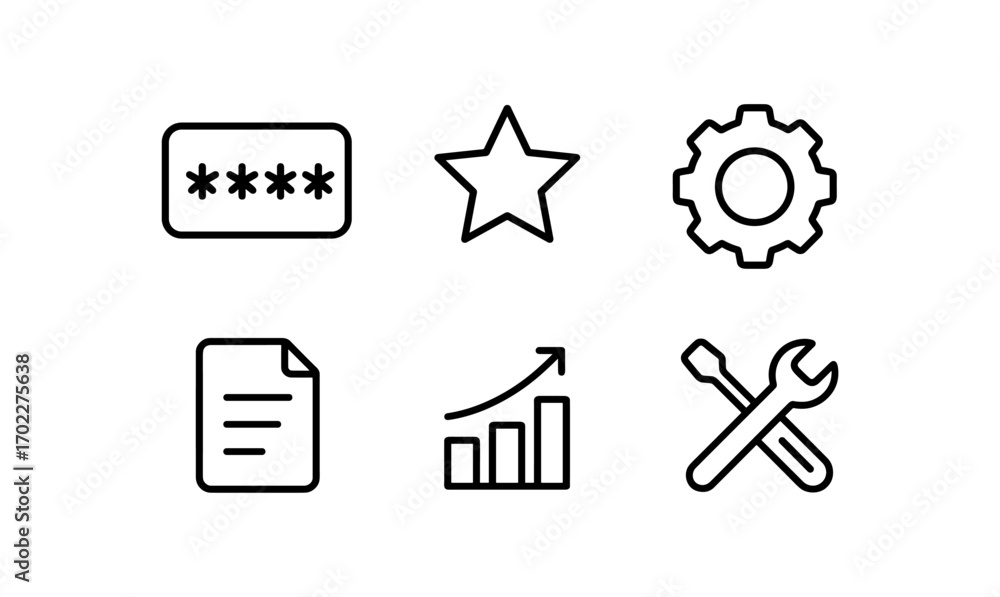 Fototapeta premium Set of linear icons: security, rating, settings, document, growth, tools
