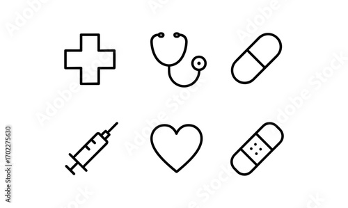 Medical icons set: cross, stethoscope, capsule, syringe, heart, bandage in linear style