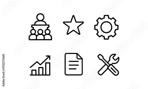 Minimalist black and white business icon set for data and team management
