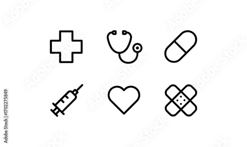 Minimalist medical icons featuring stethoscope, syringe, and heart