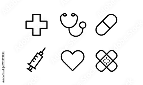 Minimalist healthcare icons: medical tools and symbols in outline style