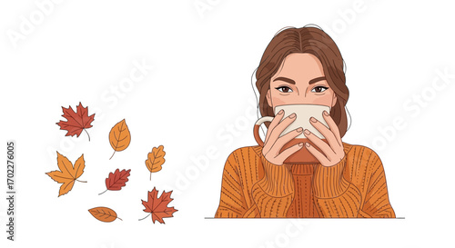 Cozy illustration of a woman drinking a warm beverage with autumn leaves and white background