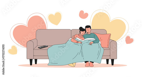 Cozy Couple Relax Together Under Blanket on Sofa with Hearts, Happy Time