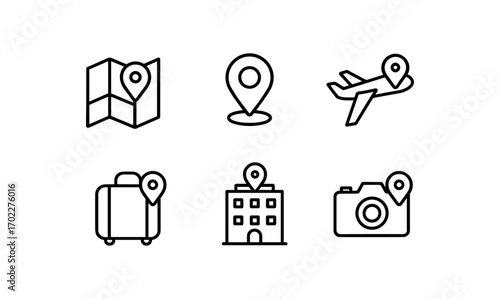 Minimal travel icons set featuring linear designs of map, location, and more
