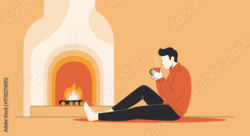 Cozy Interior Scene Depicting Warmth and Relaxation with Fireplace And Coffee Cup