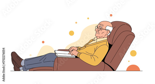 Cozy Scene of Elderly Man Reading Book While Reclining in Comfortable Chair