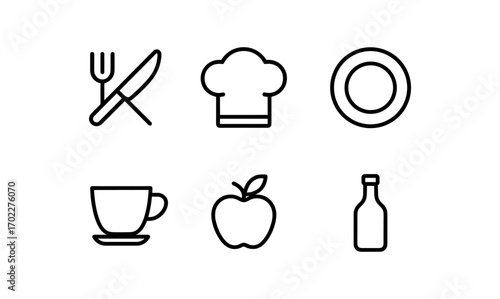 Minimalist kitchen icons collection: culinary tools and ingredients in linear design