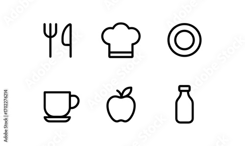 Minimalist line icons of kitchen and food essentials