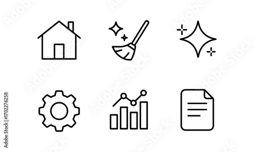 Simple line icons for home cleaning and business analytics themes