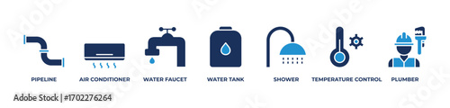 Complete Home Solutions Icons set vector illustration blue with Pipeline, Air conditioner, Water faucet, Water tank, Shower, Temperature control, Plumber